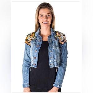 New Distressed Tiger Denim Crop Jean Jacket